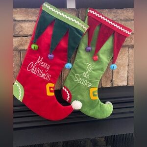 Holiday Elf Stocking - 'Tis the Season Merry Christmas Green & Red